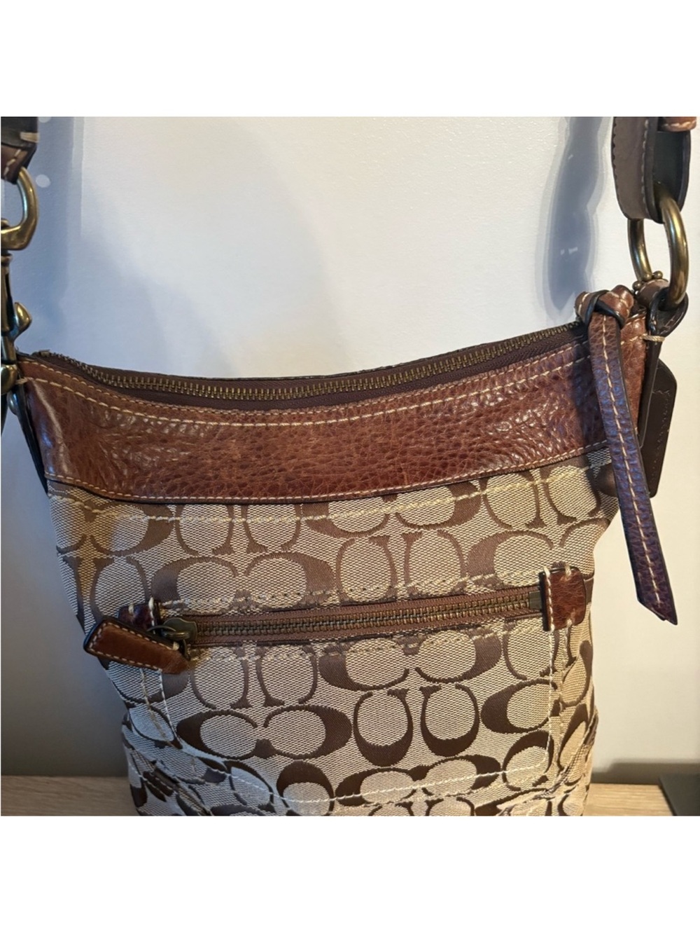 Vintage Coach 10402 Signature Duffle Crossbody Bag Brown Khaki Y2K